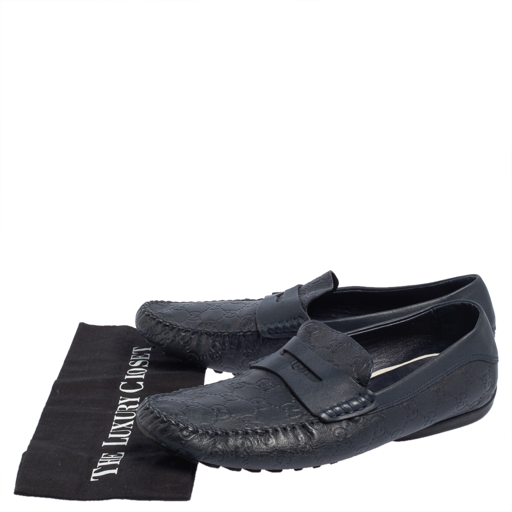 Gucci Dark Blue Leather Penny Slip On Loafers Size 44.5