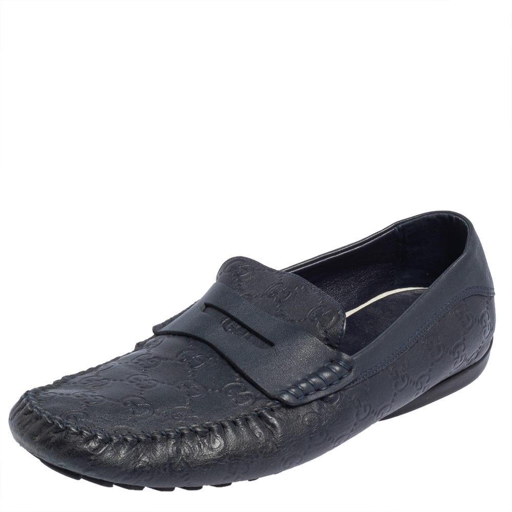 Gucci Dark Blue Leather Penny Slip On Loafers Size 44.5