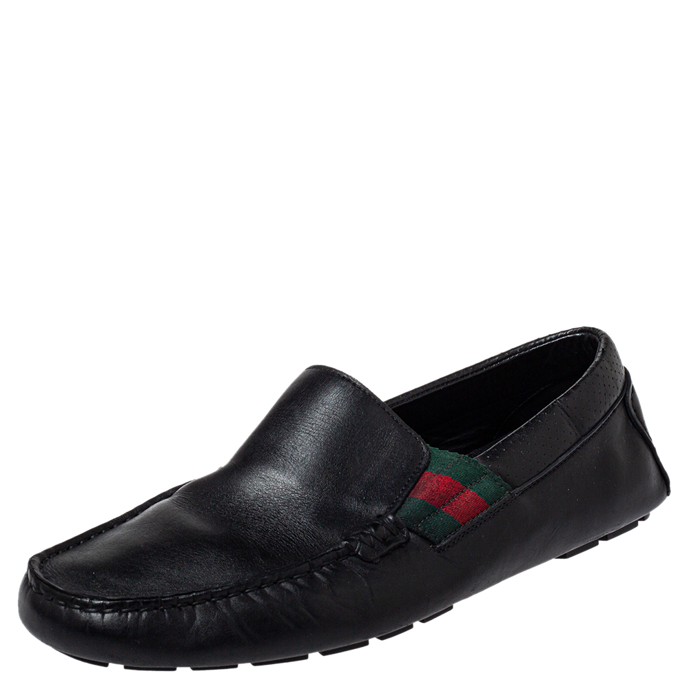 Gucci Black Leather Web Detail Praga Slip On Loafers Size 41.5