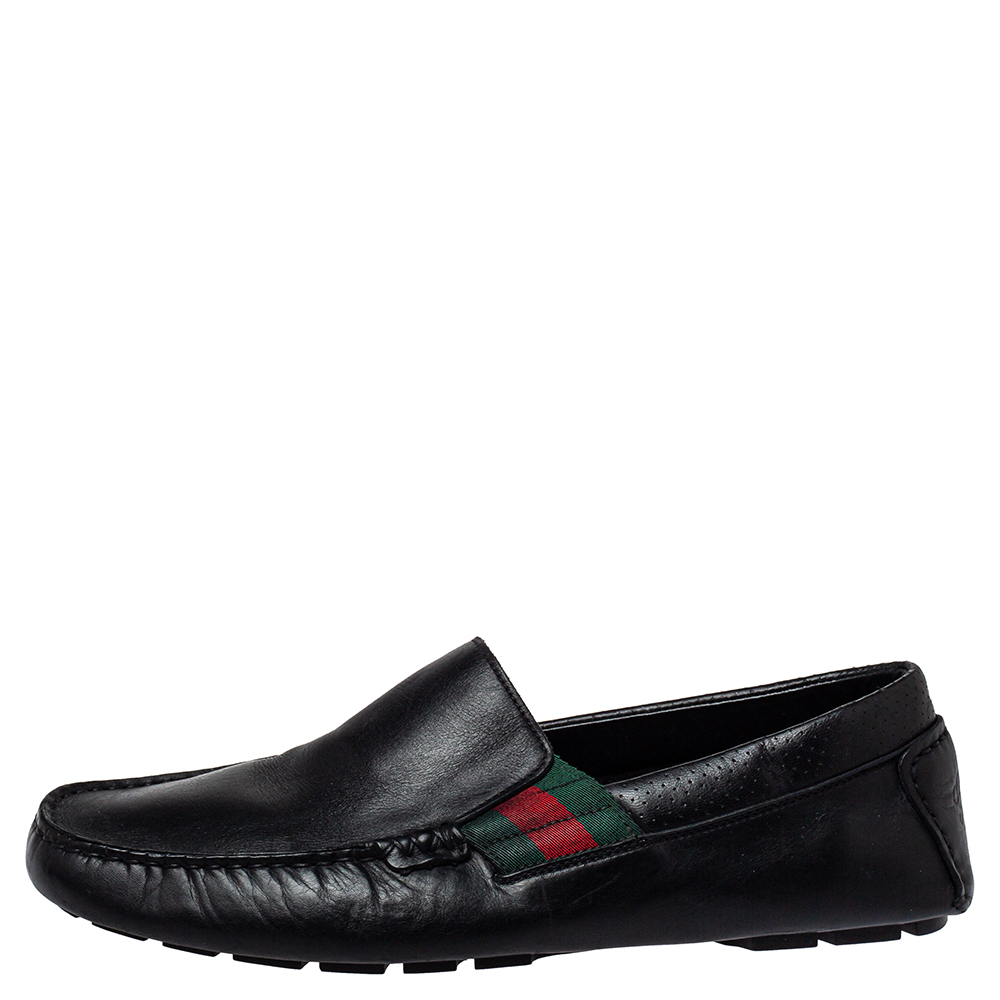 

Gucci Black Leather Web Detail Praga Slip On Loafers Size