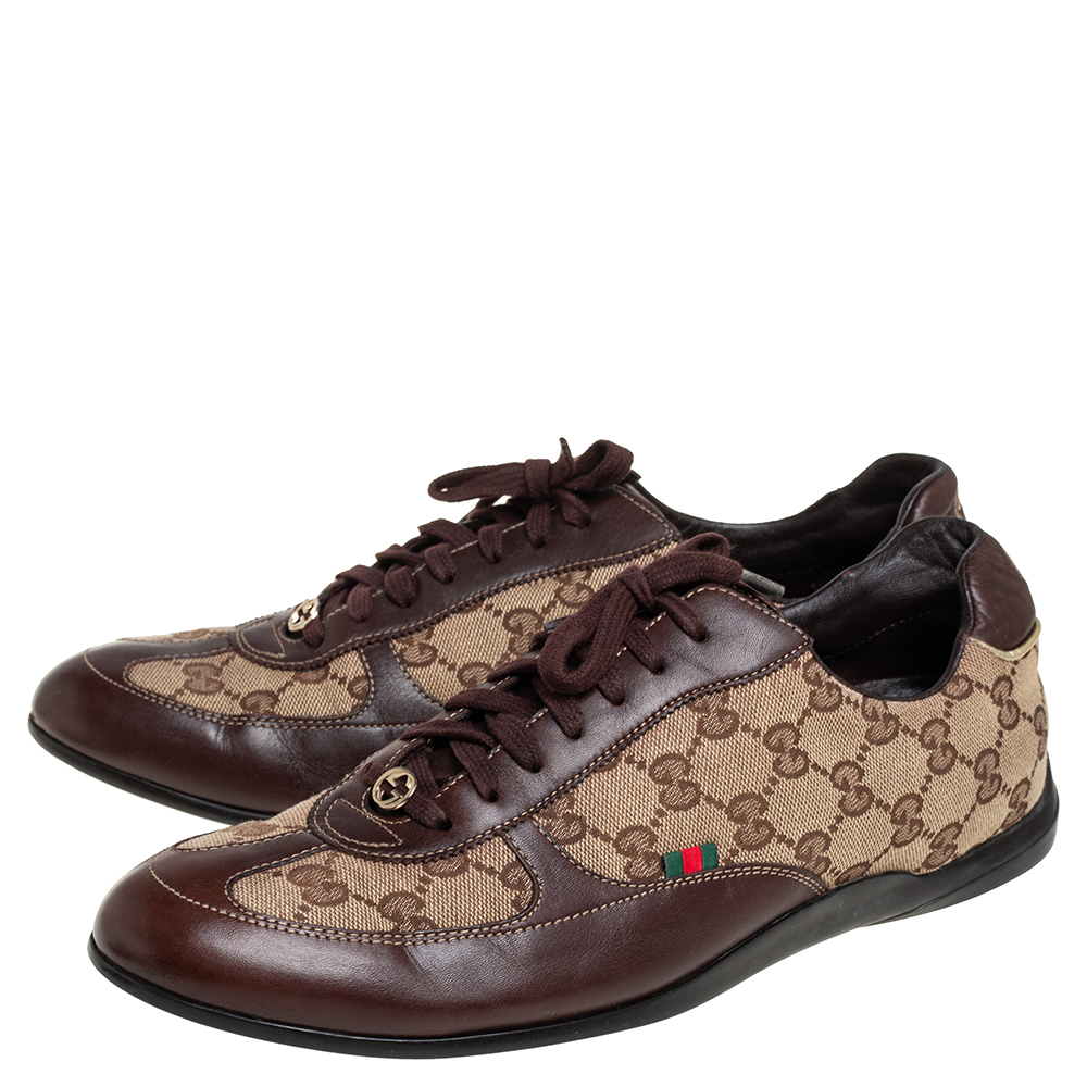 Gucci Brown/Beige Canvas Leather Lace Up Sneakers Size 40.5