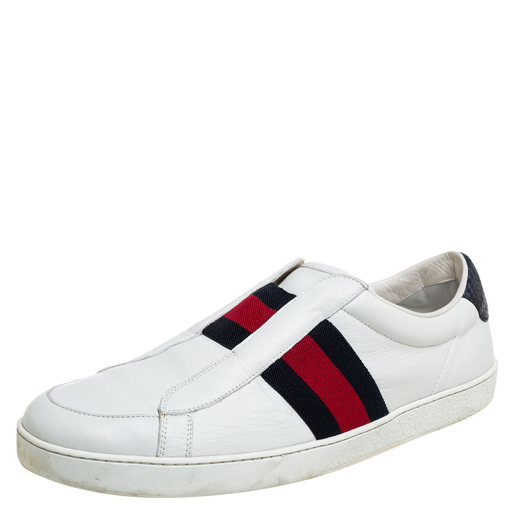 Gucci White Leather Web Ace Slip On Sneakers Size 45