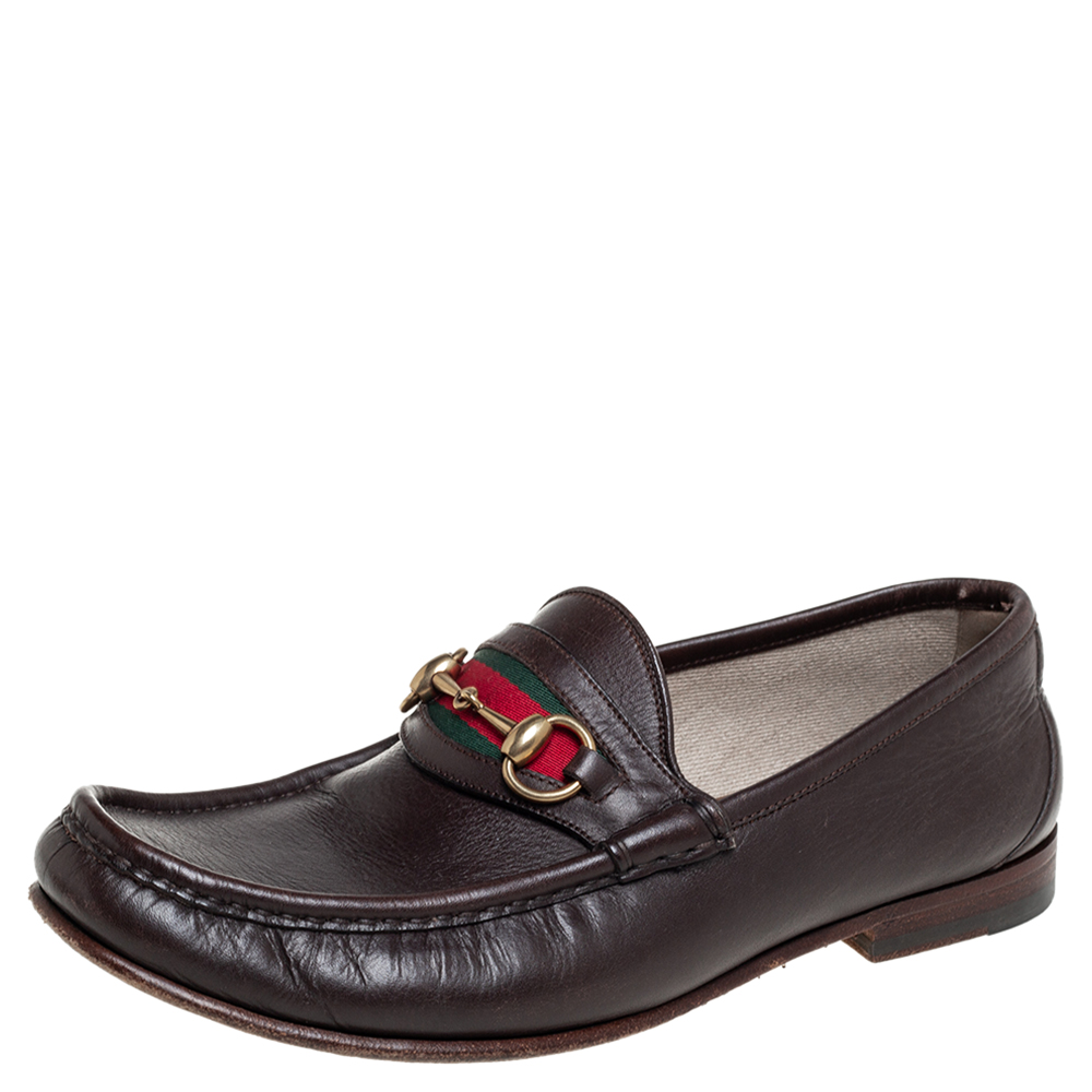 Gucci Brown Leather Web Horsebit Slip On Loafers Size 43