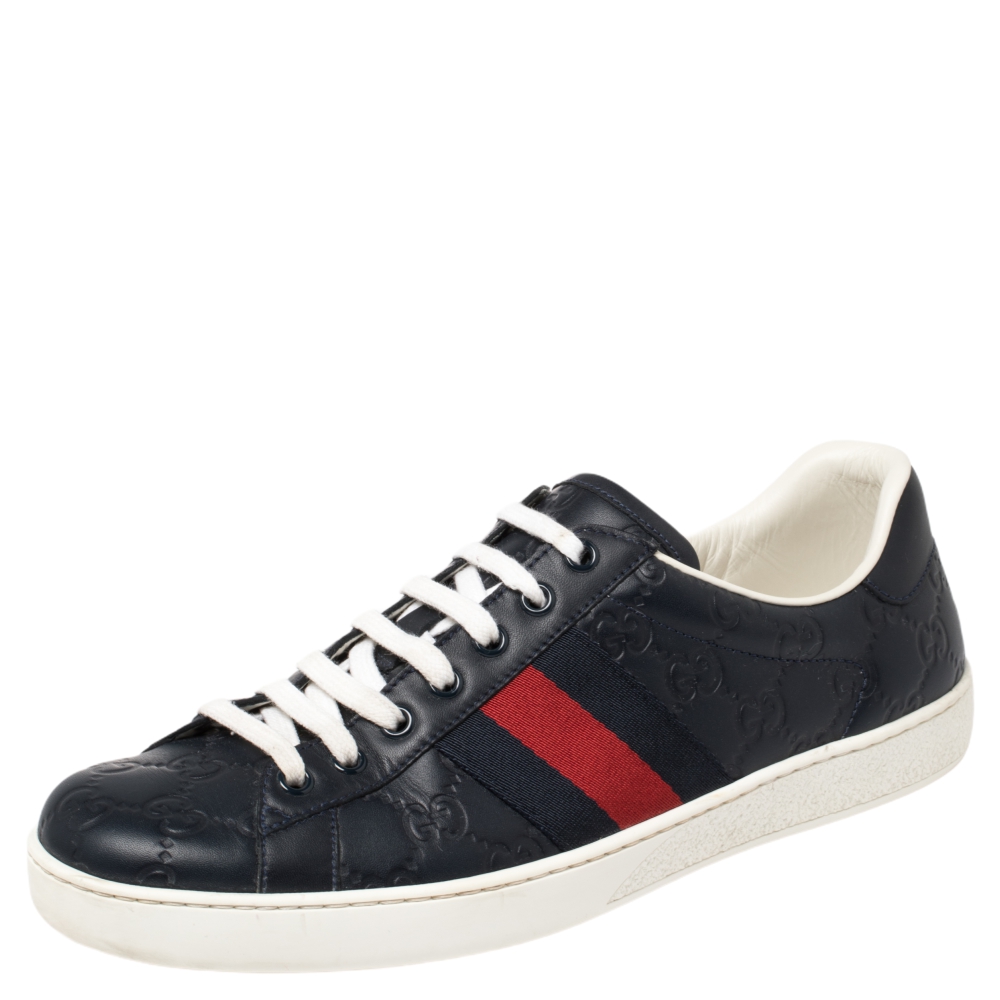 Gucci Dark Blue Guccissima Leather Web Detail Ace Sneakers Size 41