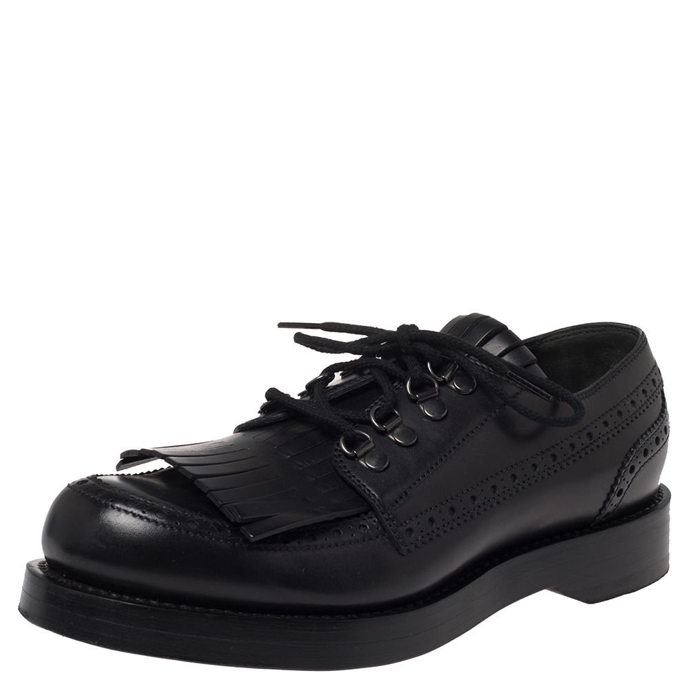 Gucci Black Brogue Leather Fringe Lace Up Derby Size 41