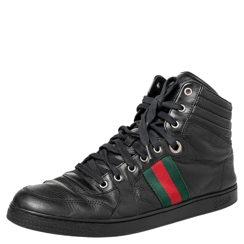 Gucci Black Leather Web High Top Sneakers Size 44