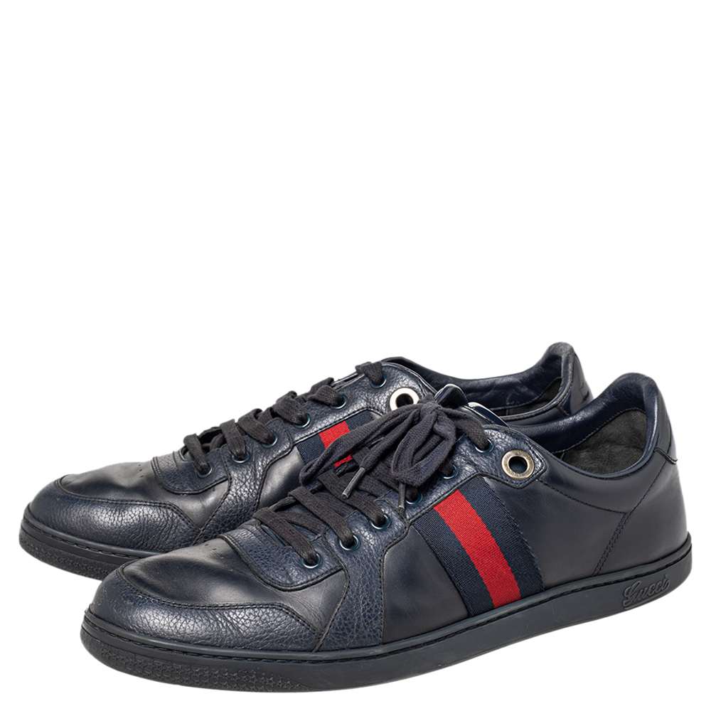 Gucci Navy Blue Leather And Canvas Web Low Top Sneakers Size 44