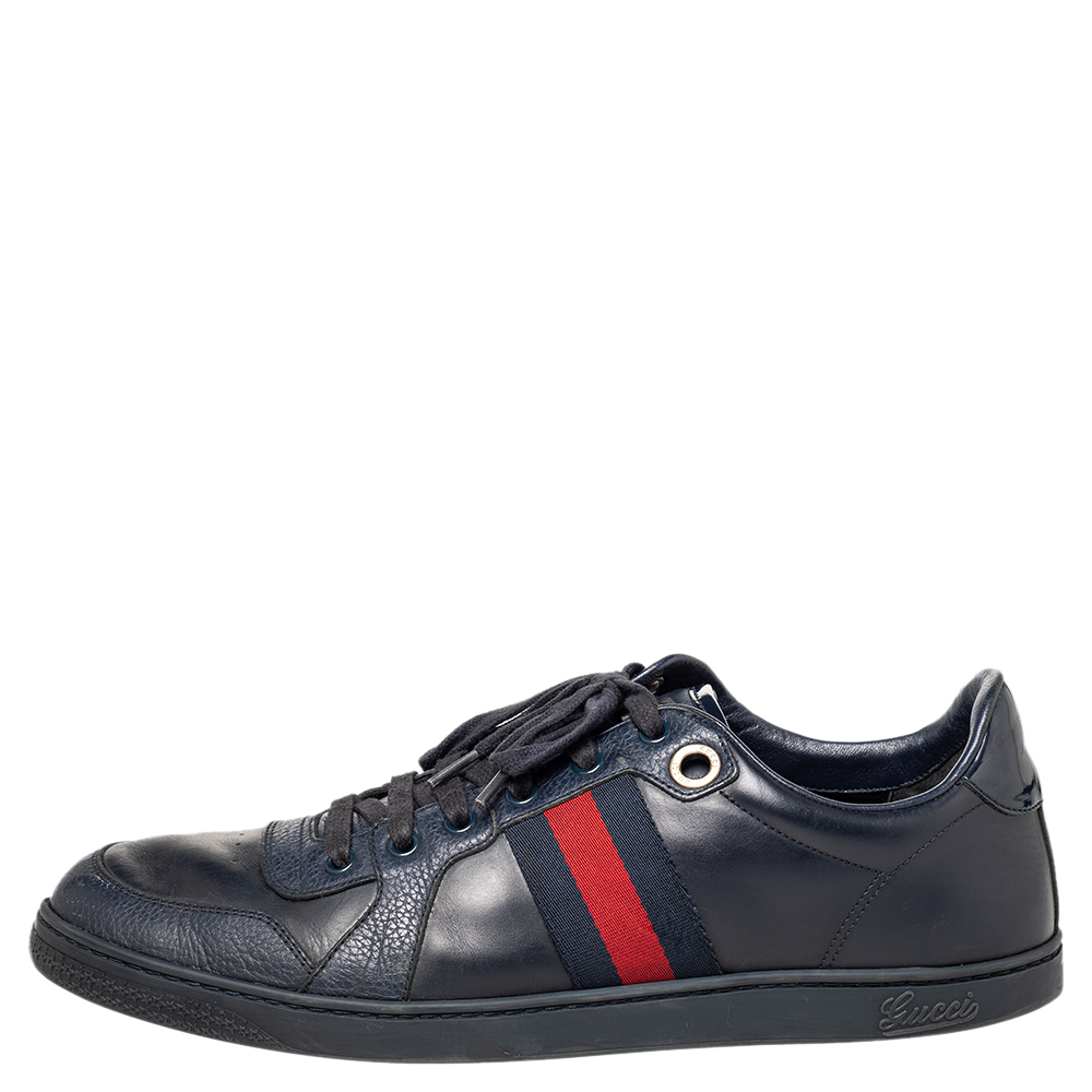 Gucci Navy Blue Leather And Canvas Web Low Top Sneakers Size 44