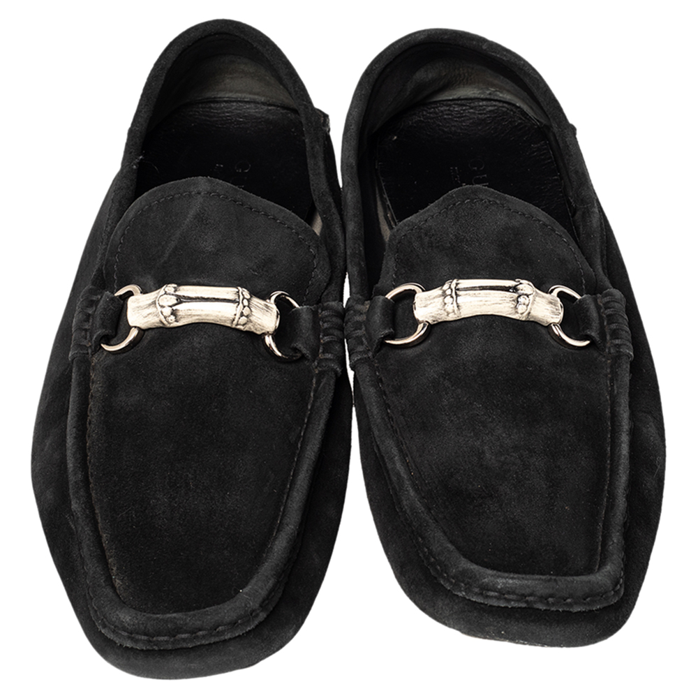 Gucci Black Suede Bamboo Horsebit Slip On Loafers Size 46