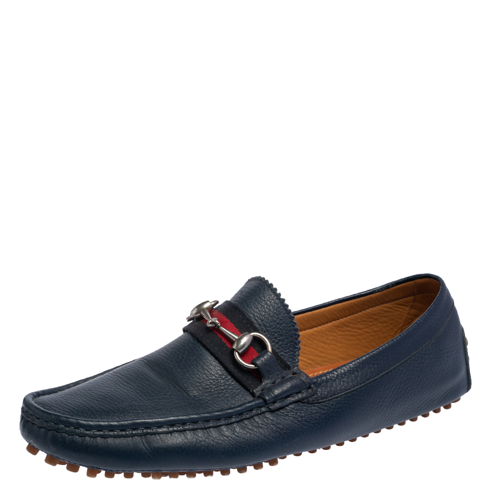 Gucci Navy Blue Leather Horsebit Slip On Loafers Size 43