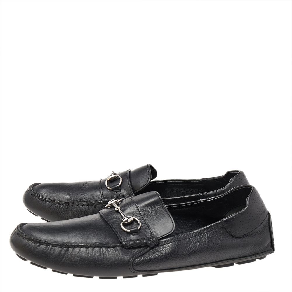 Gucci Black Leather Horsebit Slip On Loafers Size 46.5