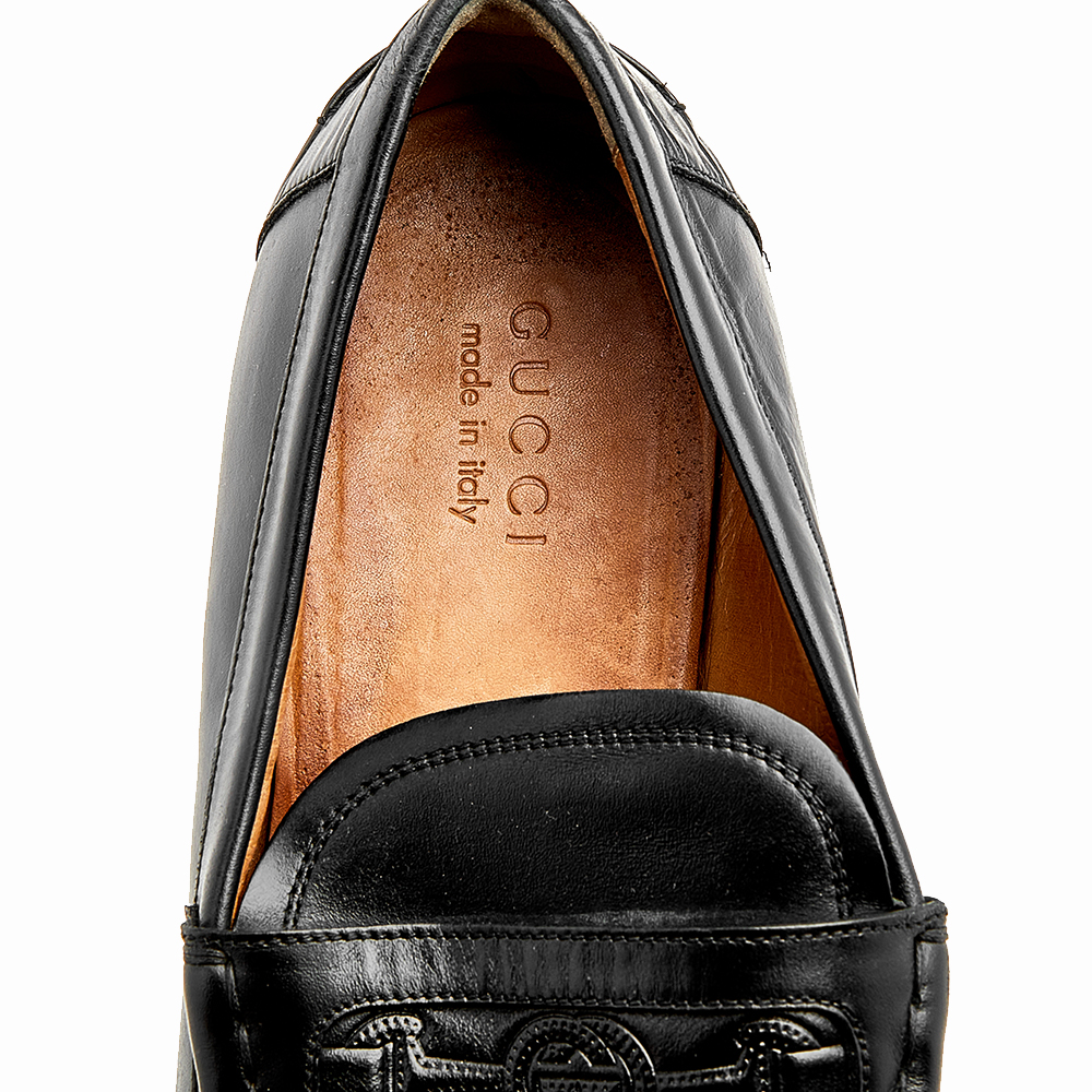 Gucci Black Leather Horsebit Embossed Slip On Loafers Size 44.5