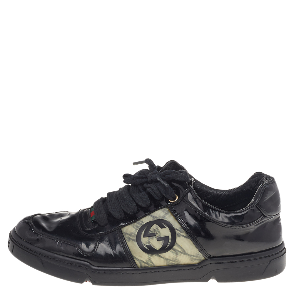 Gucci Black Patent Leather Interlocking G Hologram Logo Low Top Sneakers Size 41