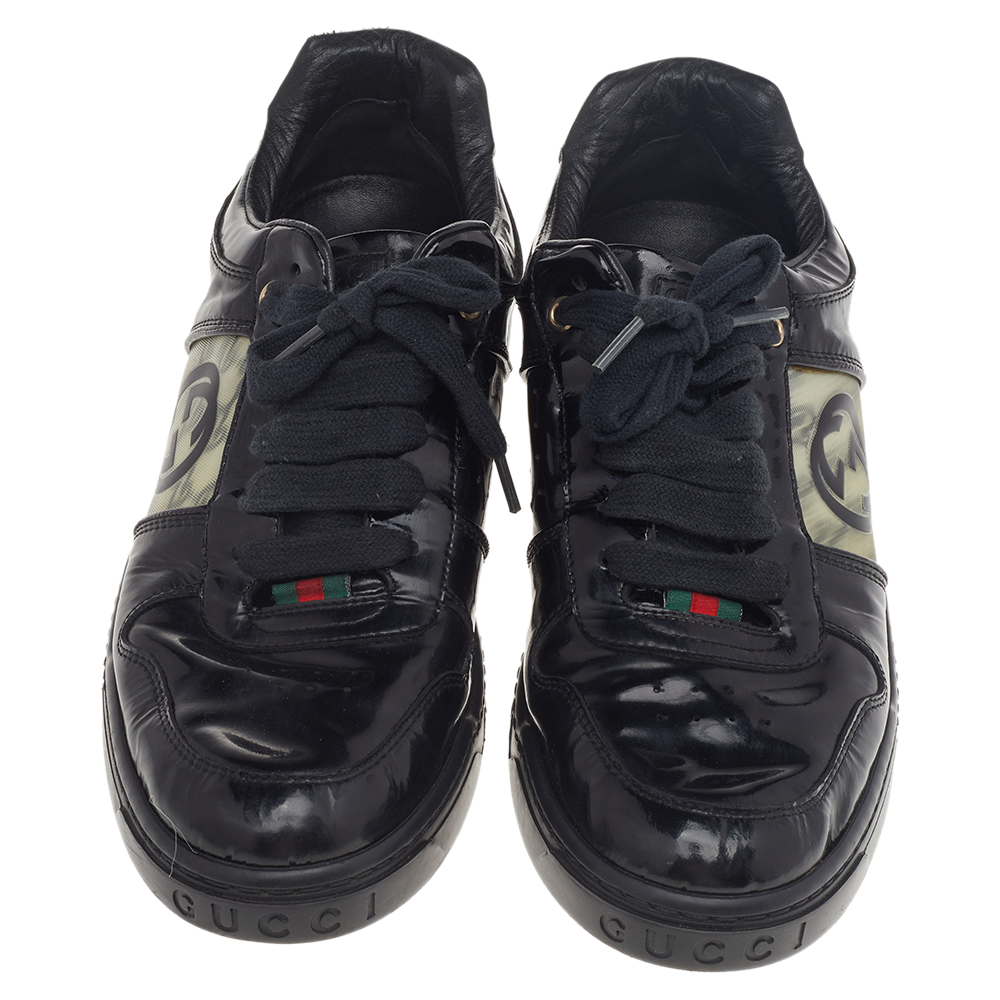 Gucci Black Patent Leather Interlocking G Hologram Logo Low Top Sneakers Size 41
