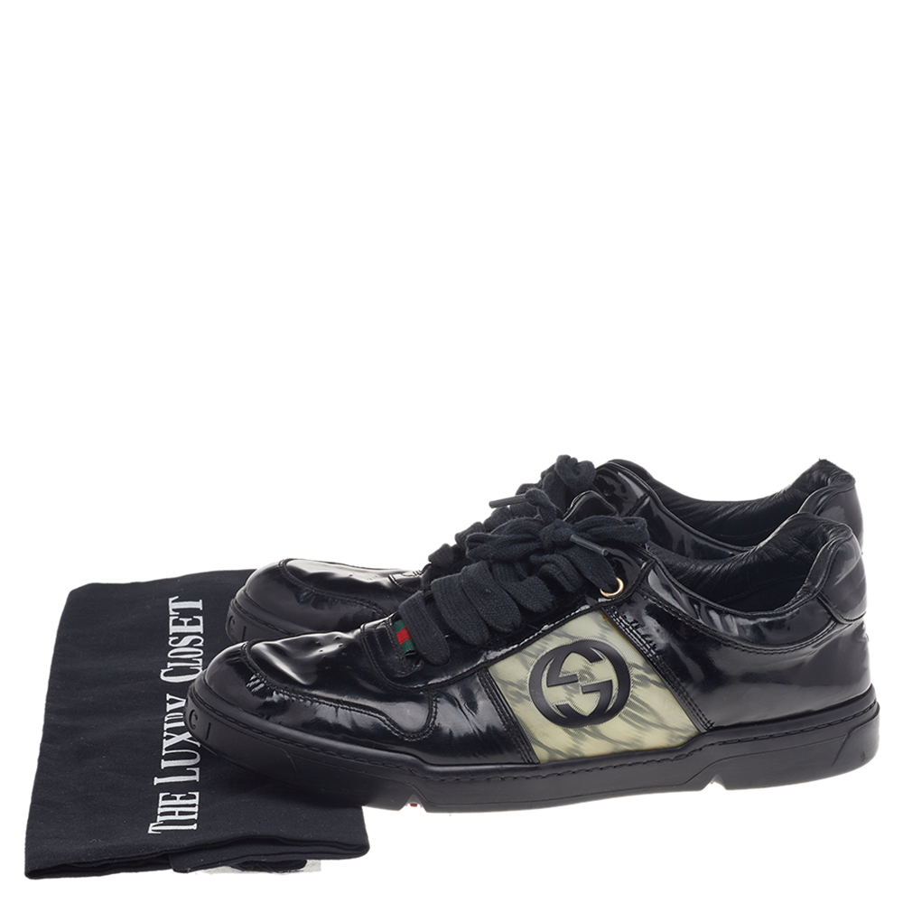 Gucci Black Patent Leather Interlocking G Hologram Logo Low Top Sneakers Size 41