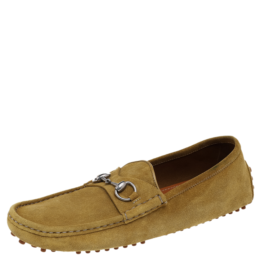 Gucci Yellow Suede Horsebit Slip On Loafers Size 44