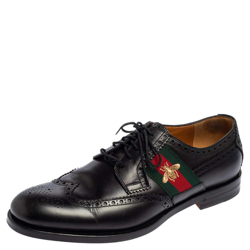 Gucci Black Brogue Leather Bee Web Detail Lace Up Derby Size 44