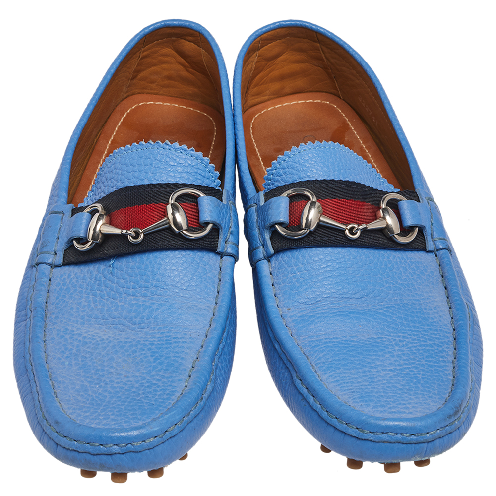 Gucci Blue  Leather Horsbit Web Trim Loafers Size 40