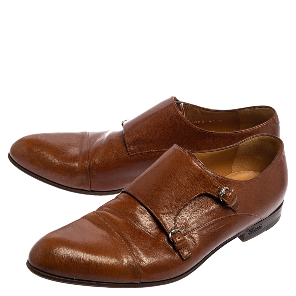 Gucci Brown Leather Double Buckle Monk Strap Derby Size 41