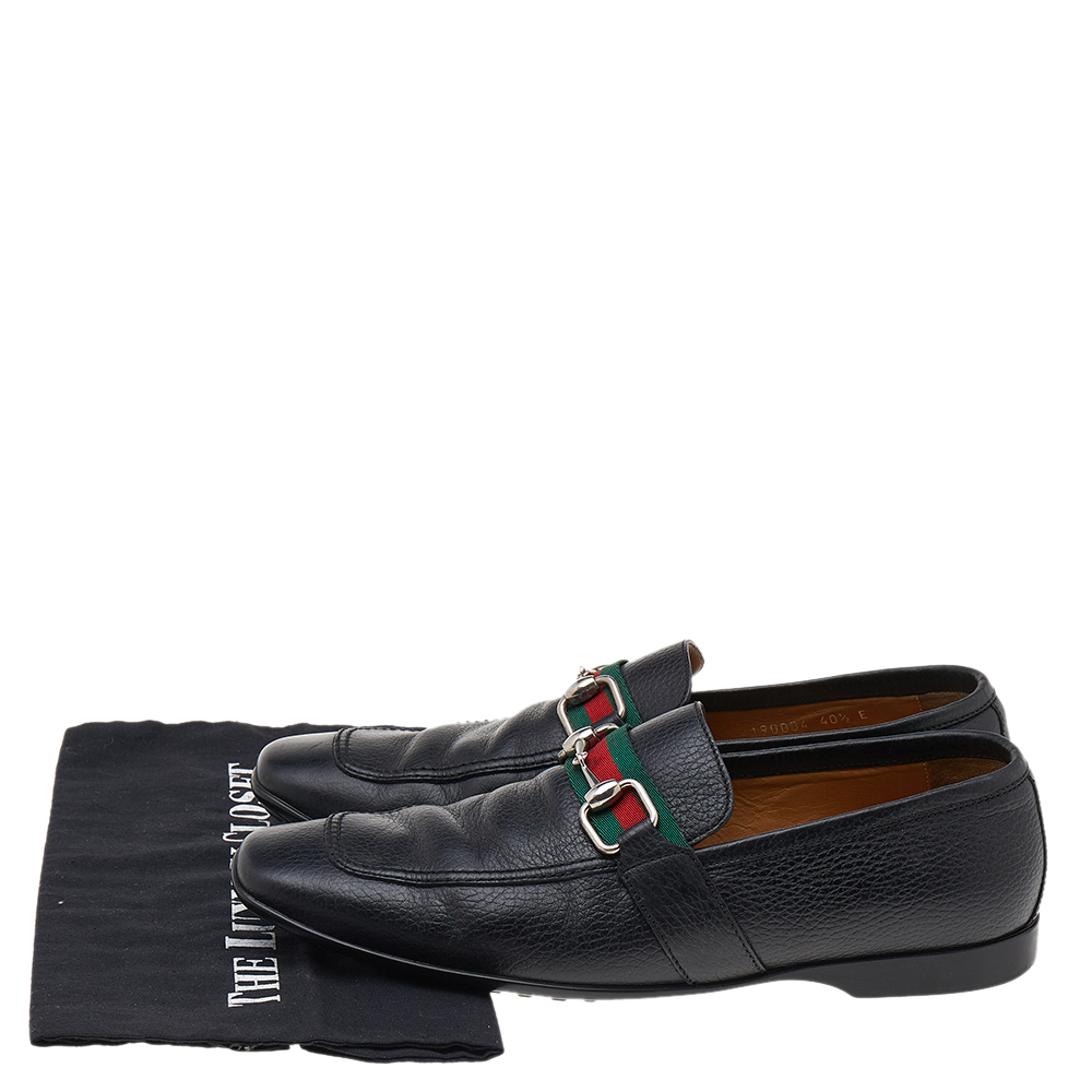 Gucci Black Leather Web Detail Loafers Size 40.5