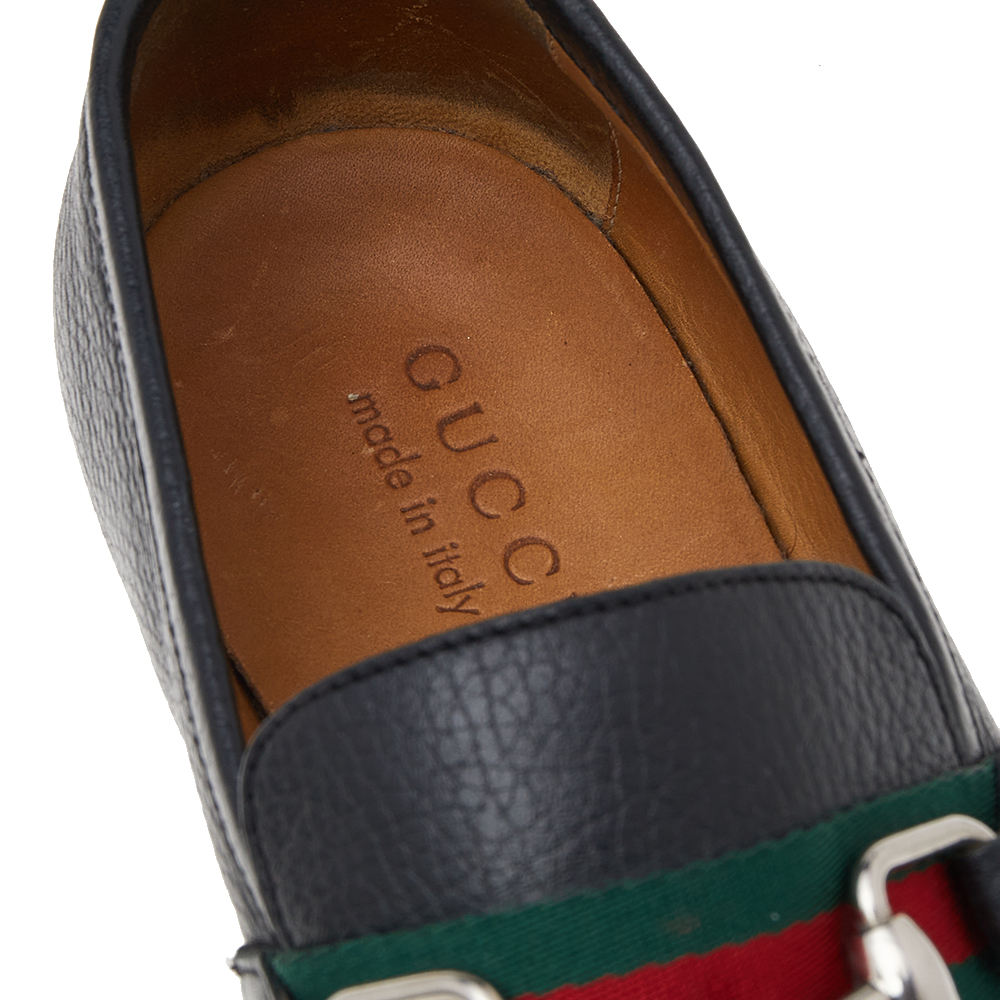 Gucci Black Leather Web Detail Loafers Size 40.5