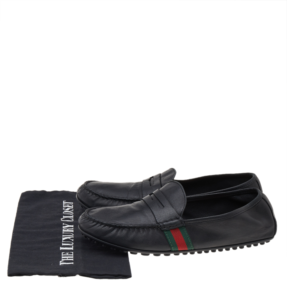 Gucci Black Leather Web Detail Slip On Loafers Size 43.5