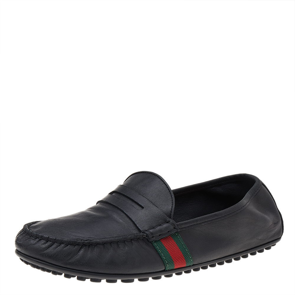 

Gucci Black Leather Web Detail Slip on Loafers Size