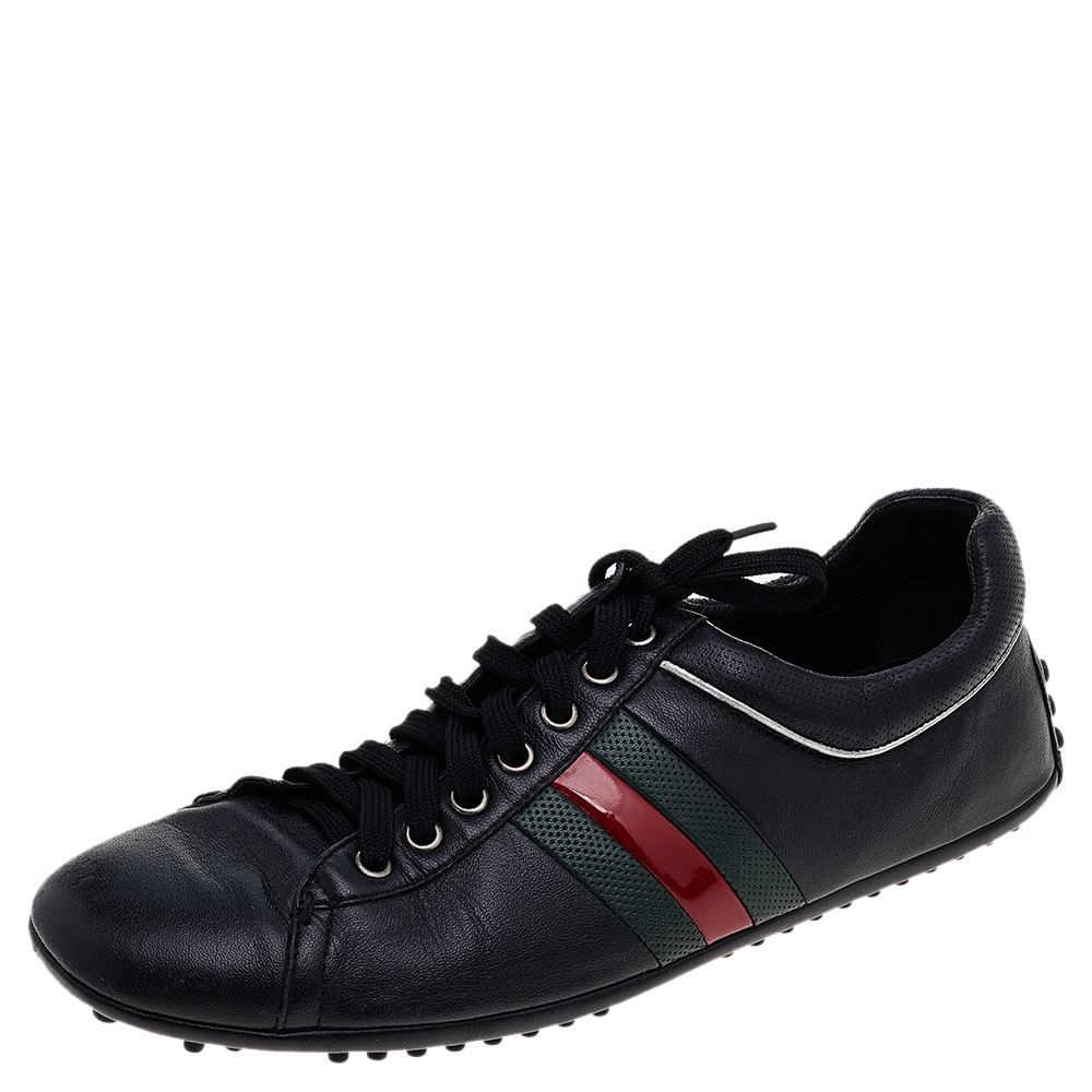 Gucci Black Leather Web Detail Low Top Sneakers Size 43.5