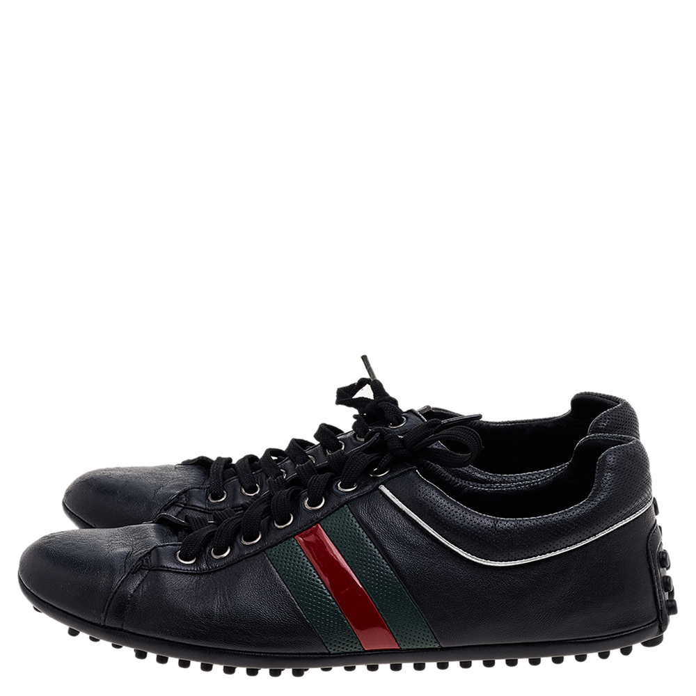Gucci Black Leather Web Detail Low Top Sneakers Size 43.5