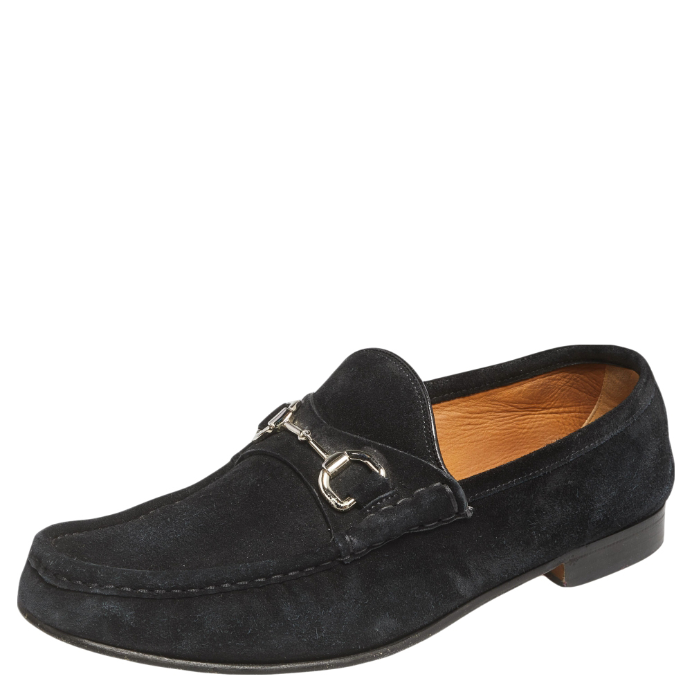 Gucci Black Suede Horsebit Slip On Loafers Size 42