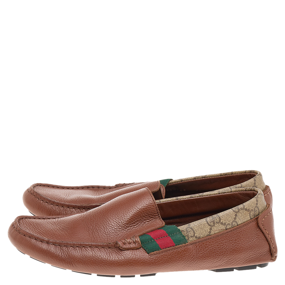 Gucci Brown Leather And GG Coated Canvas Web Detail Slip On Loafers Size 39.5