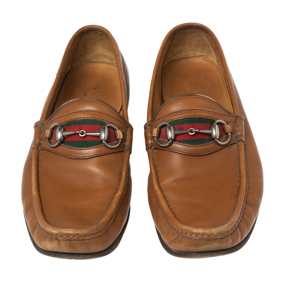 Gucci Brown Leather Web Horsebit Loafers Size 41.5