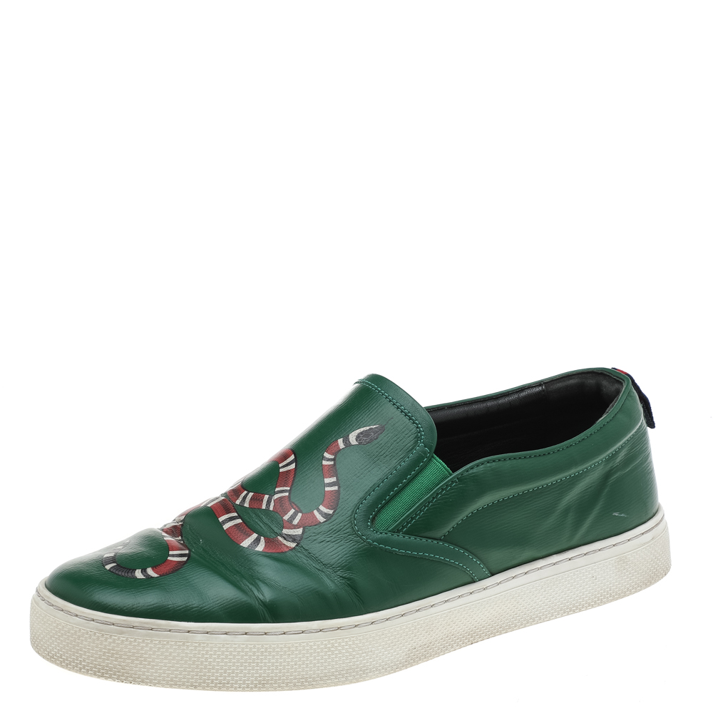 Gucci Green Leather Dublin Snake Print Slip On Sneakers Size 42