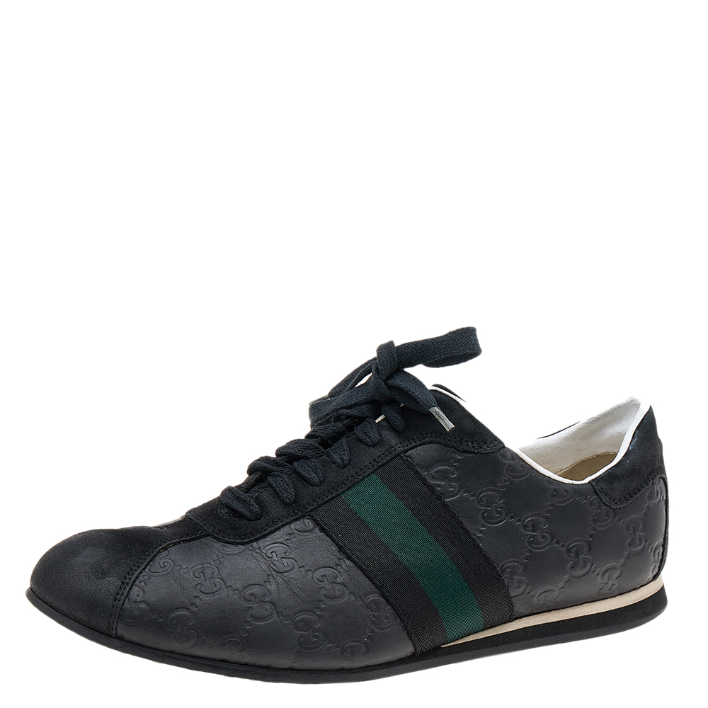 Gucci black guccissima leather and suede web detail low top sneakers size 42