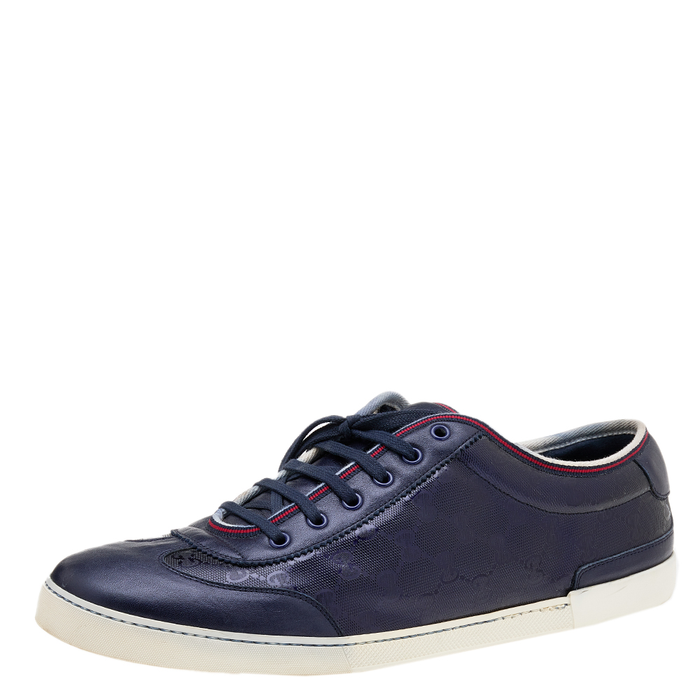 Gucci navy blue gg imprime canvas and leather low top sneakers size 47