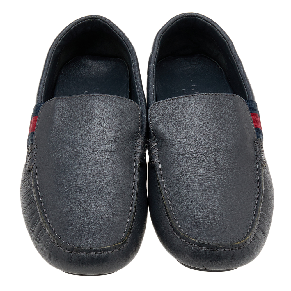 Gucci Dark Grey Leather Web Detail Slip On Loafers Size 41.5