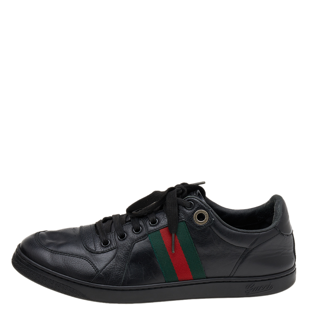 Gucci Black Leather Web Low Top Sneakers Size 42