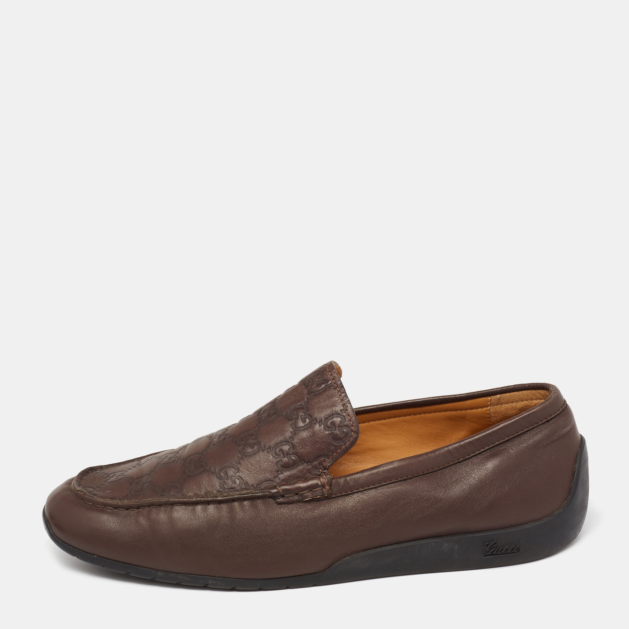 Gucci Brown Guccissima Leather GG Slip On Loafers Size 43.5