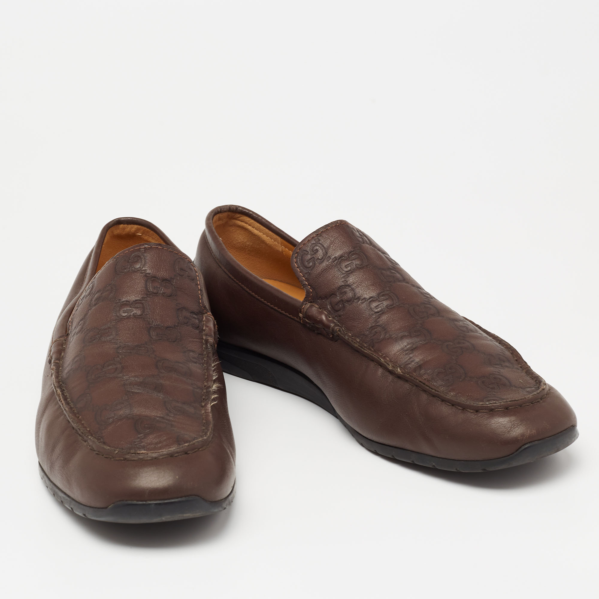 Gucci Brown Guccissima Leather GG Slip On Loafers Size 43.5