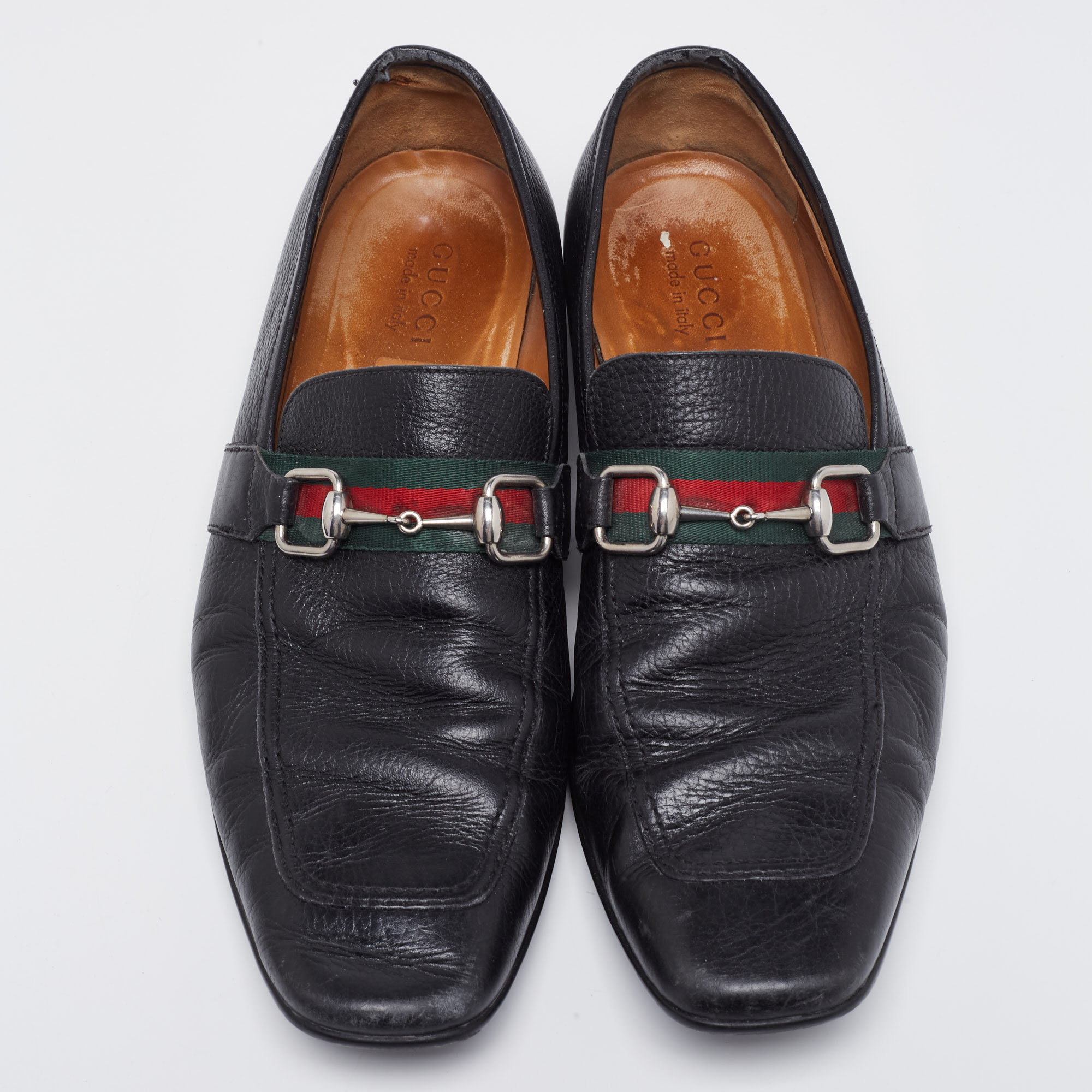 Gucci Black Leather Horsebit Web Detail Slip On Loafers Size 44.5