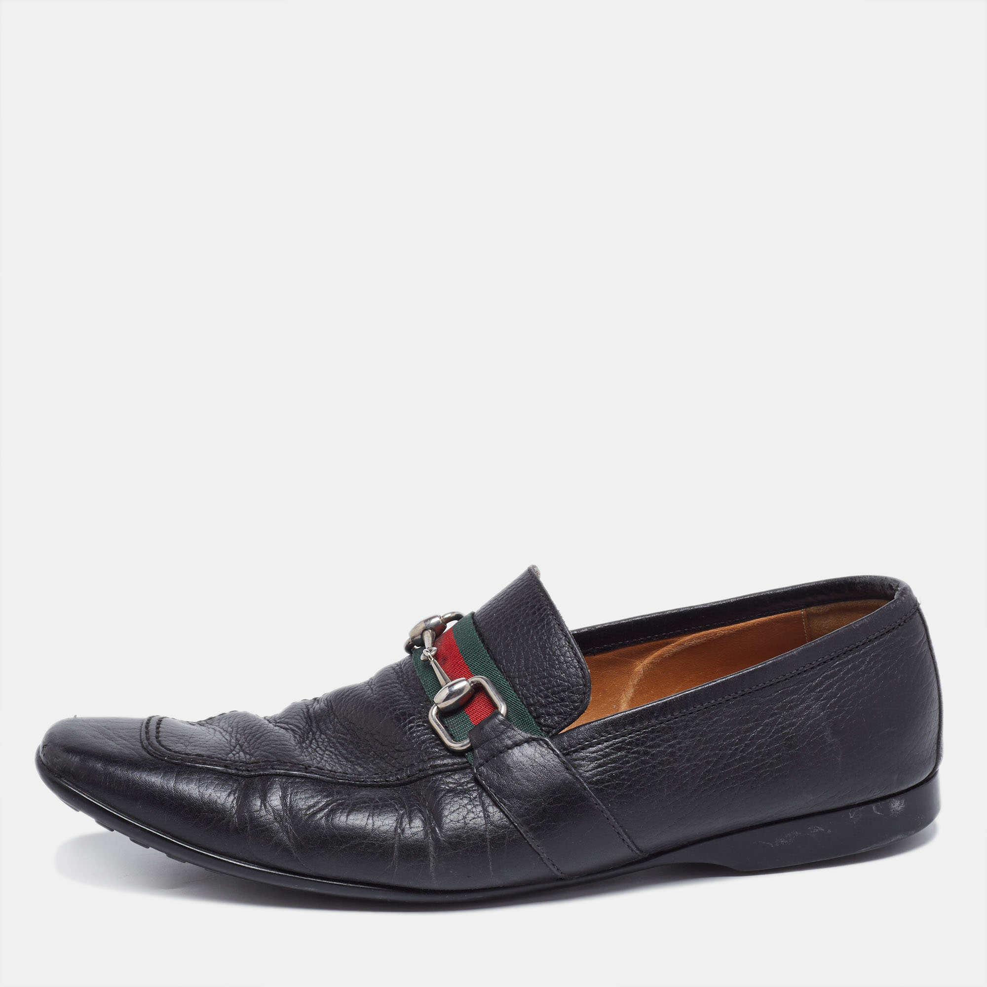 Gucci black leather horsebit web detail slip on loafers size 44.5