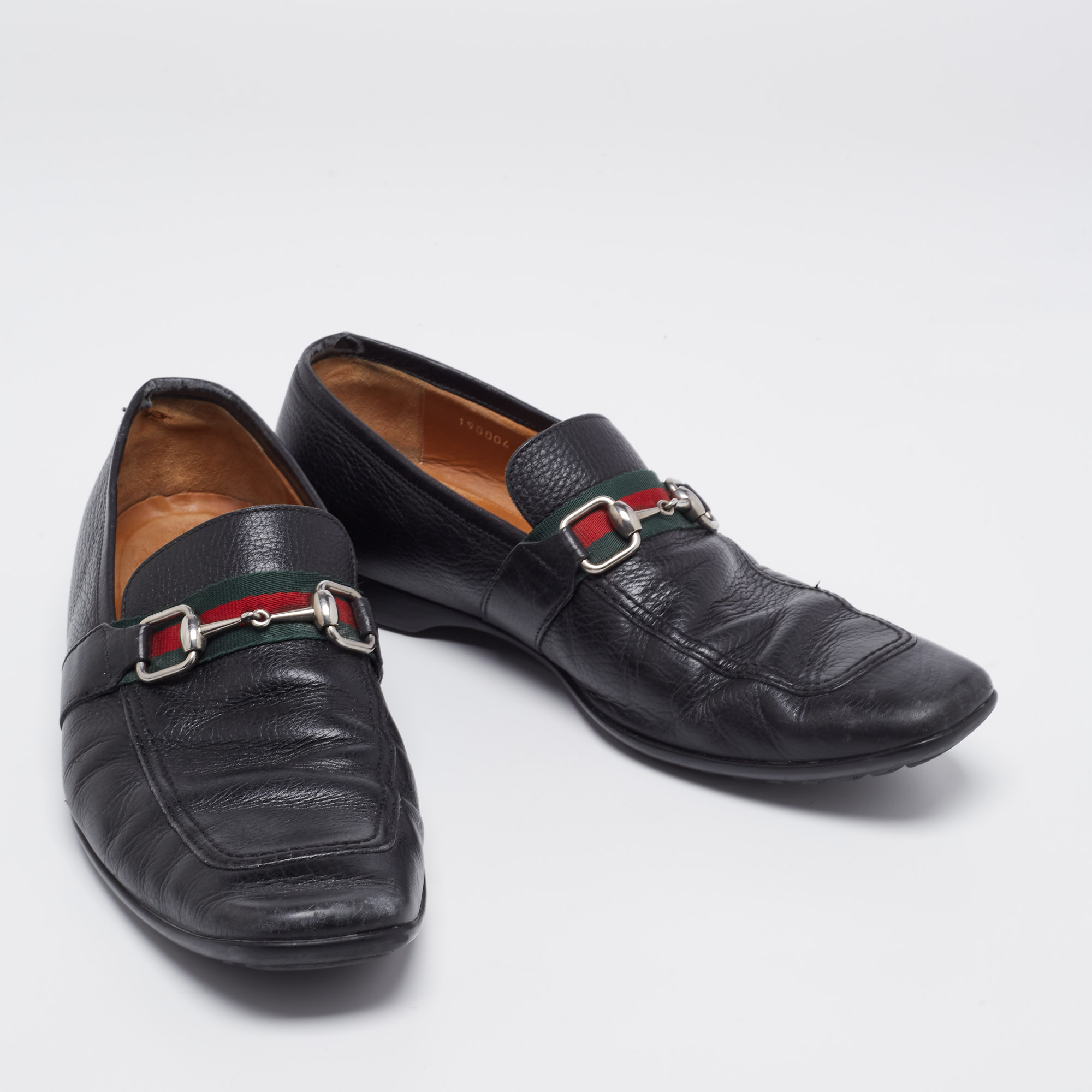Gucci Black Leather Horsebit Web Detail Slip On Loafers Size 44.5