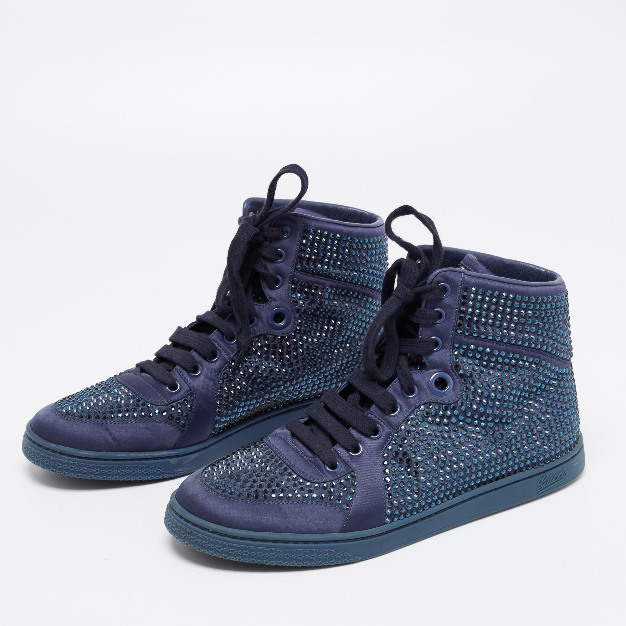 Gucci Blue Satin Crystal Embellished High Top Sneakers Size 39.5