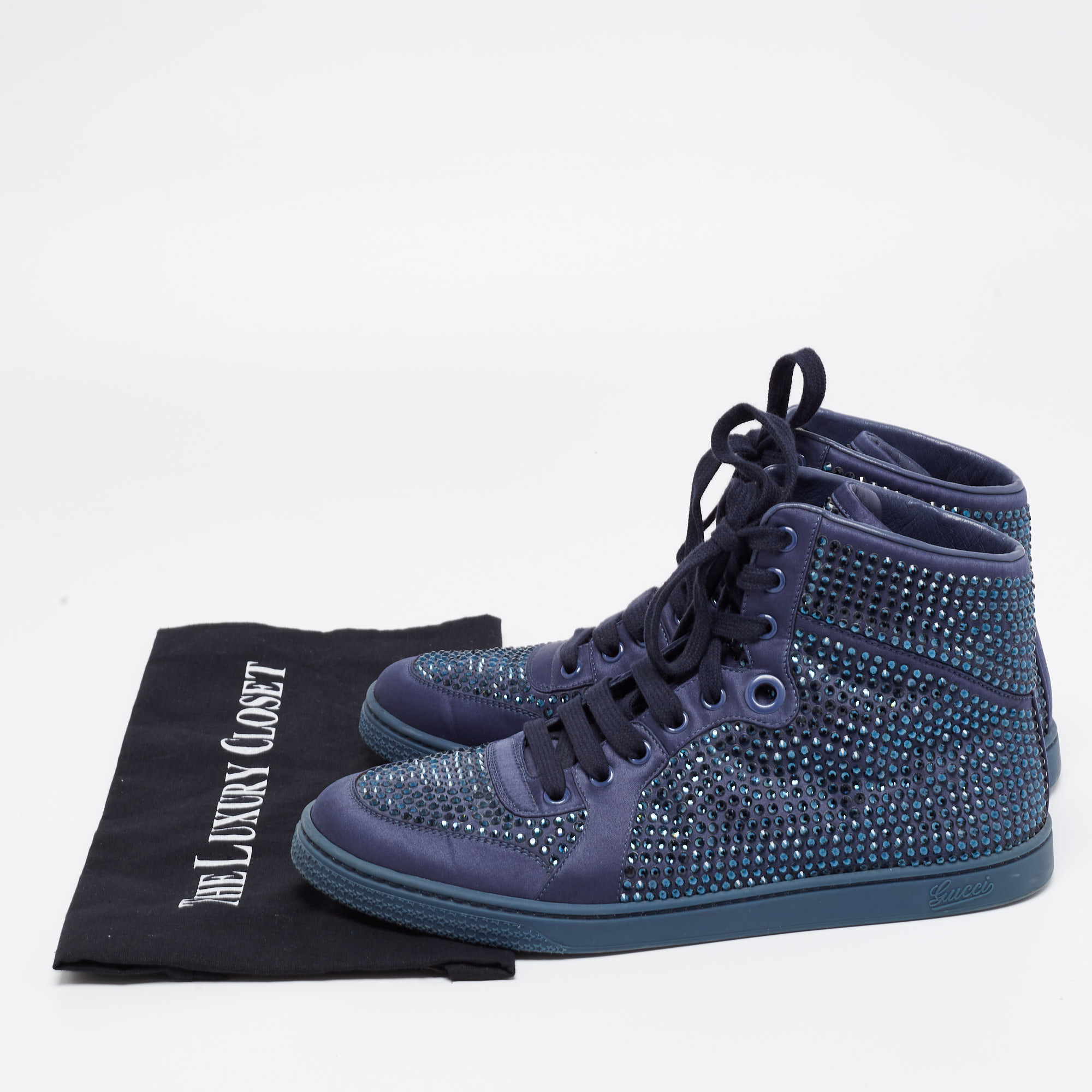 Gucci Blue Satin Crystal Embellished High Top Sneakers Size 39.5