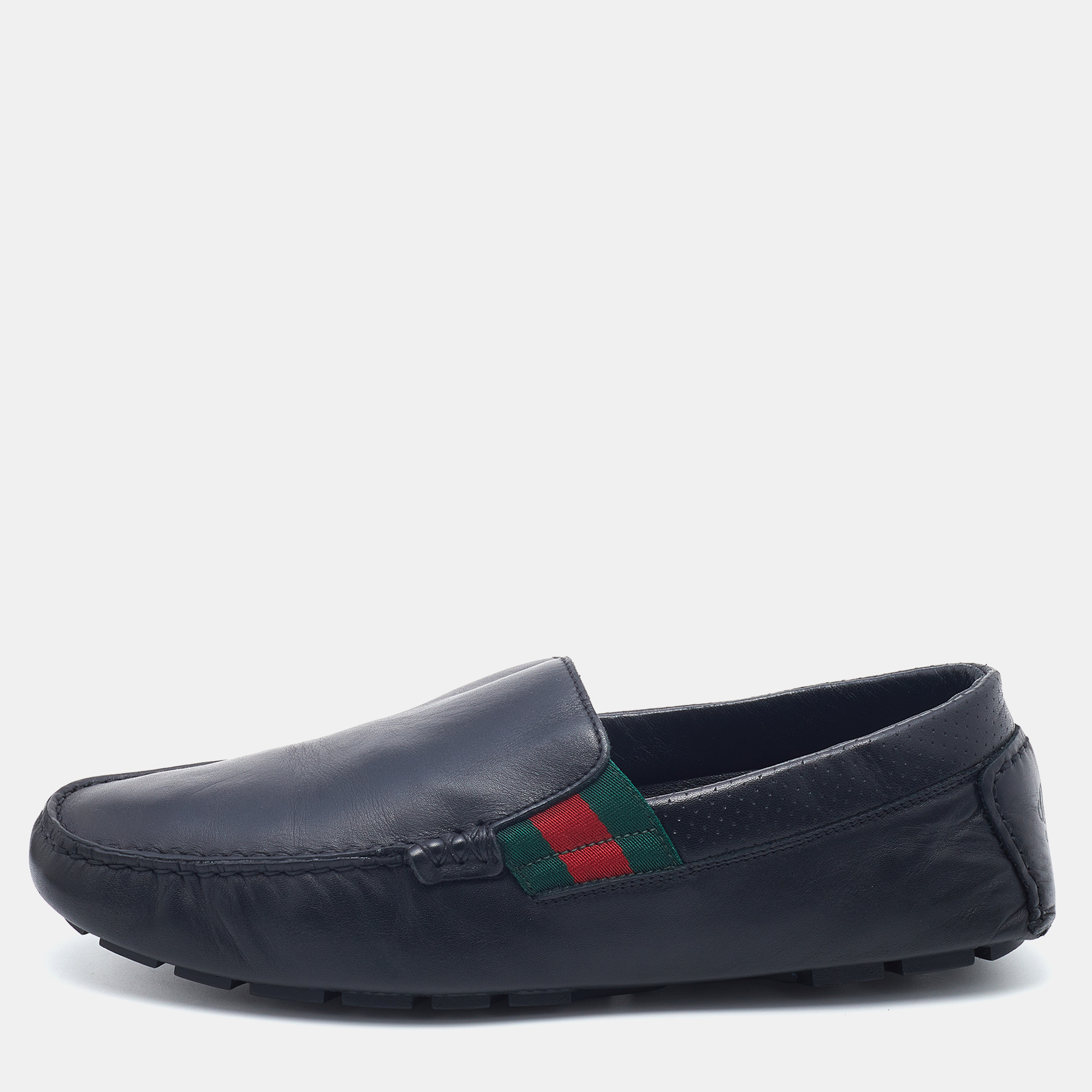 

Gucci Black Leather Web Slip On Loafers Size