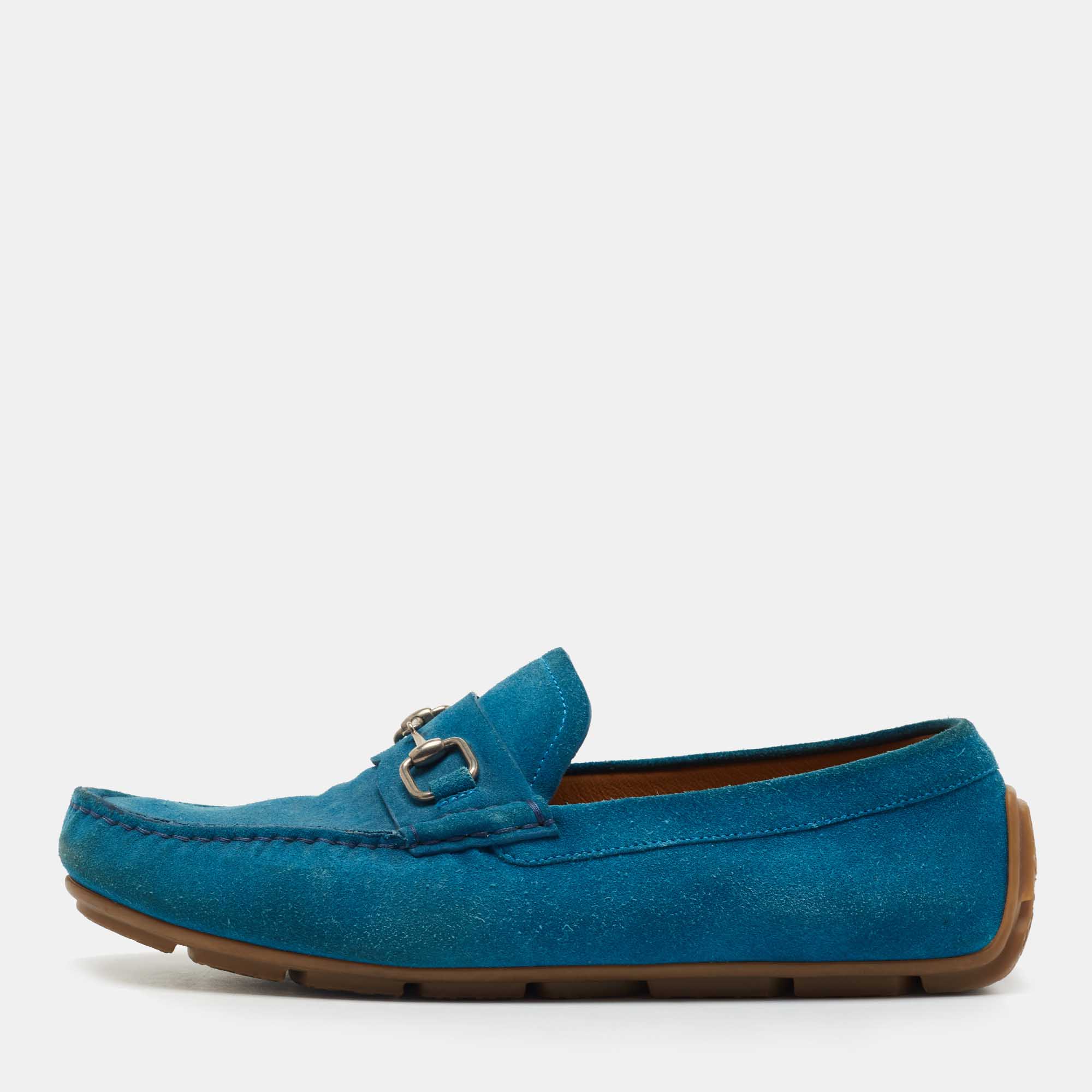 Gucci Sky Blue Suede Horsebit Slip On Loafers Size 41.5