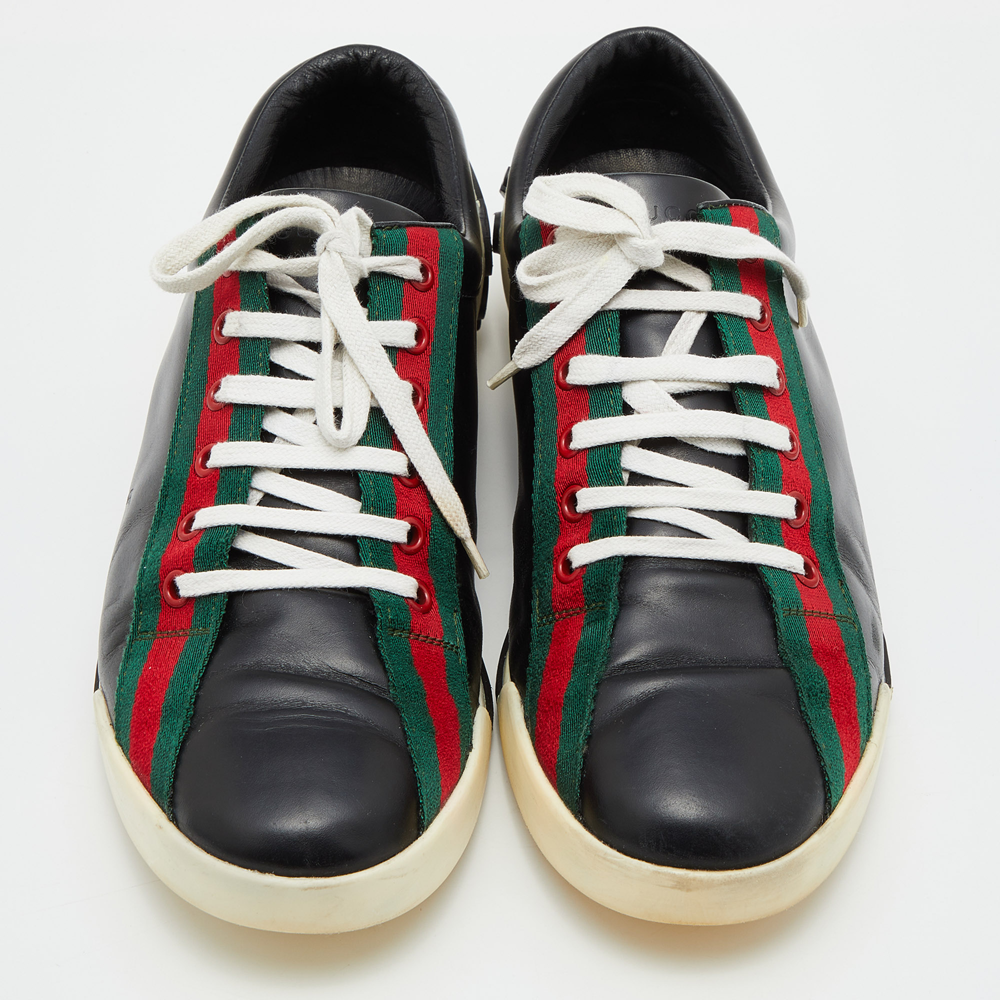 Gucci Black Leather Web Detail Low Top Sneakers Size 43