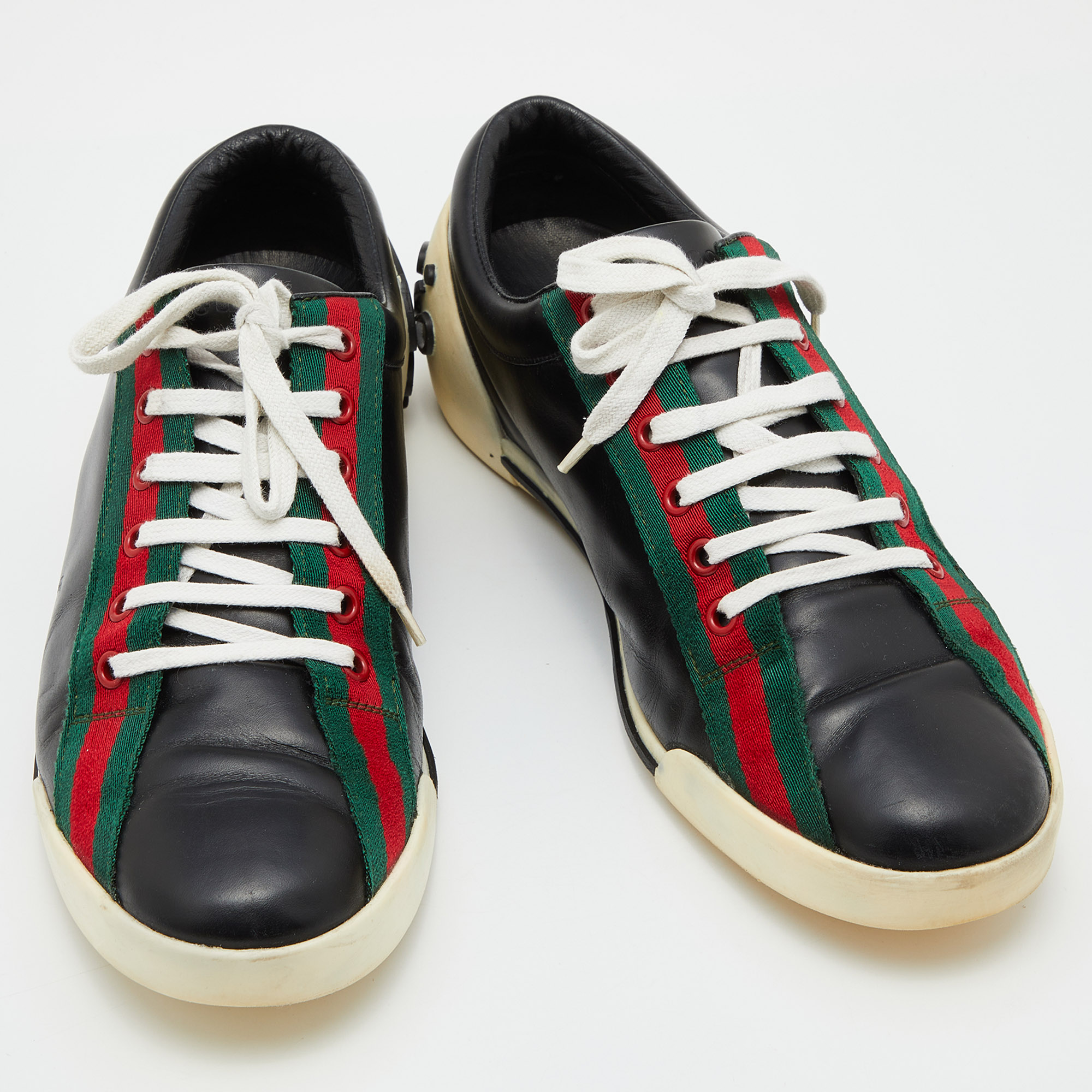 Gucci Black Leather Web Detail Low Top Sneakers Size 43