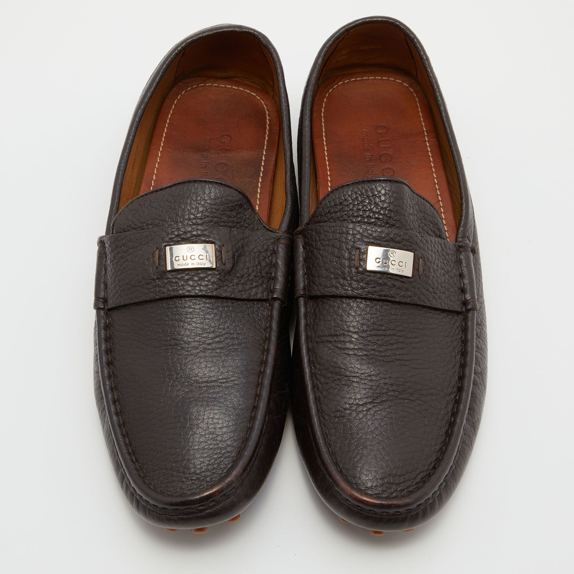 Gucci Dark Brown Leather Slip On Loafers Size 42.5