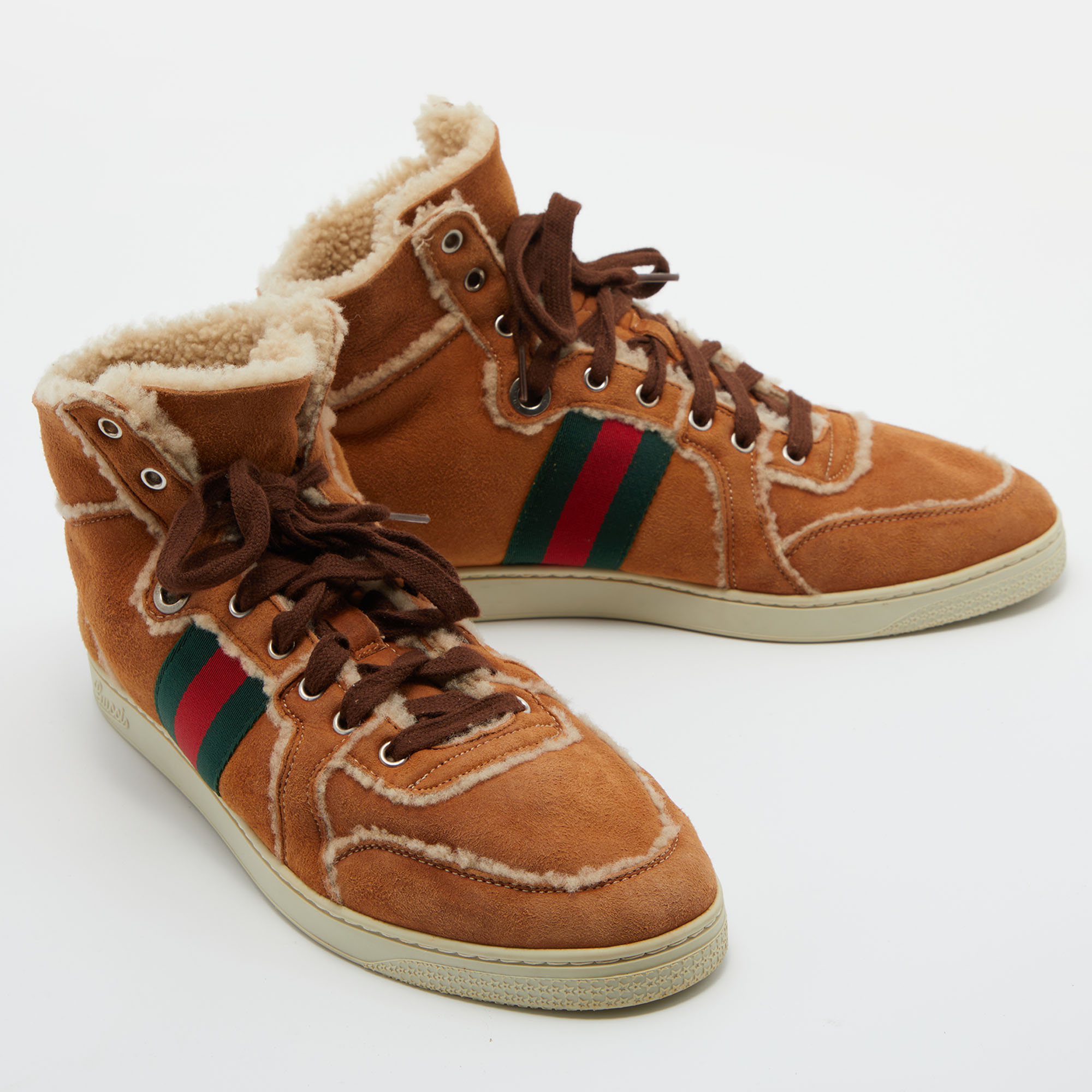 Gucci Brown Suede And Shearking Web Lace Up High Top Sneakers Size 43.5